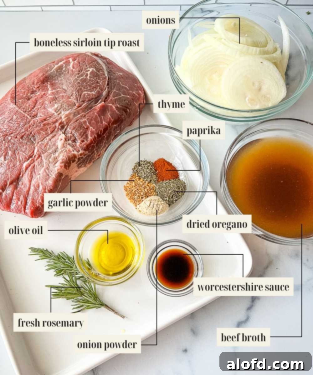 Fall-Apart Slow Cooker Sirloin Tip Roast 4 Labeled ingredients image for Sirloin Tip Roast.
