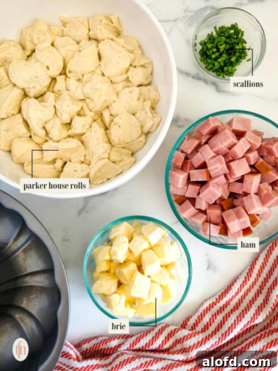 Labeled ingredient image for ham and cheese bread recipe.