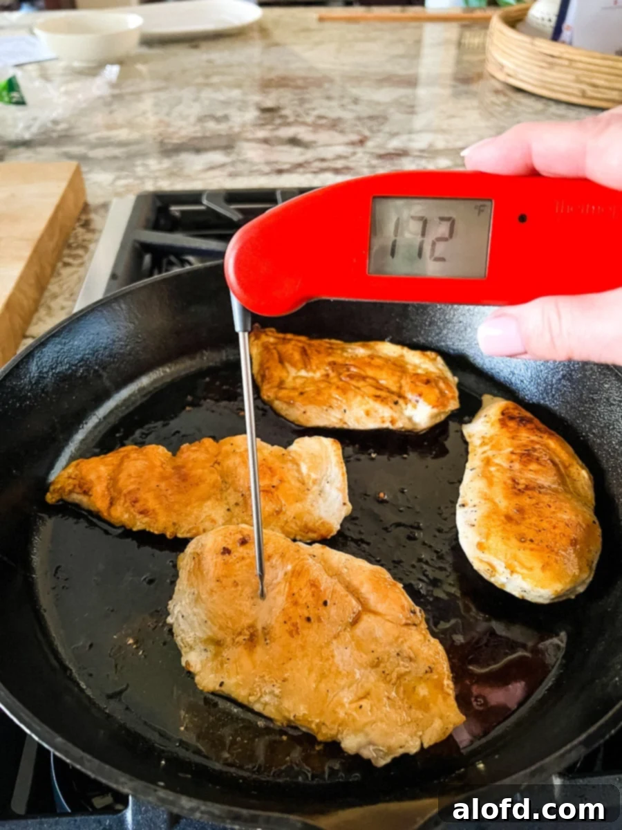 Perfectly Seared Cast Iron Chicken Breast 9 Using an instant read digital thermometer to measure internal temp of boneless chicken breast.