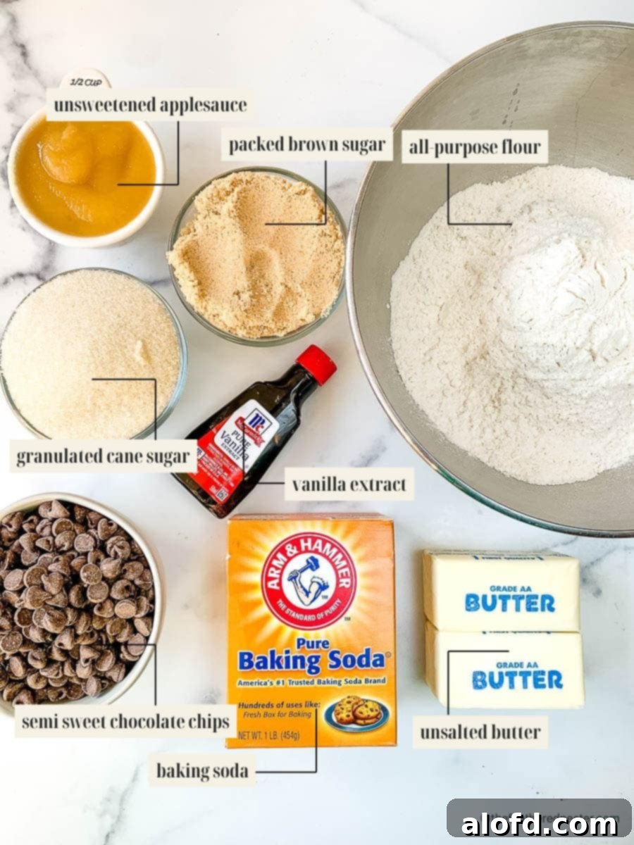 Scrumptious Egg Free Chocolate Chip Cookies 4 Carefully labeled ingredients for making eggless chocolate chip cookies, including flour, sugars, butter, chocolate chips, applesauce, and vanilla extract, laid out on a clean surface.