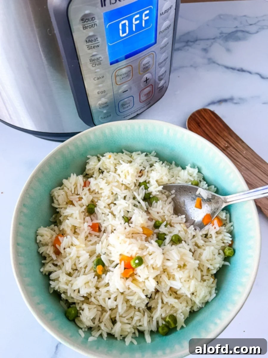 A dish of fluffy Instant Pot rice pilaf, garnished with fresh herbs and colorful vegetables, ready to serve.