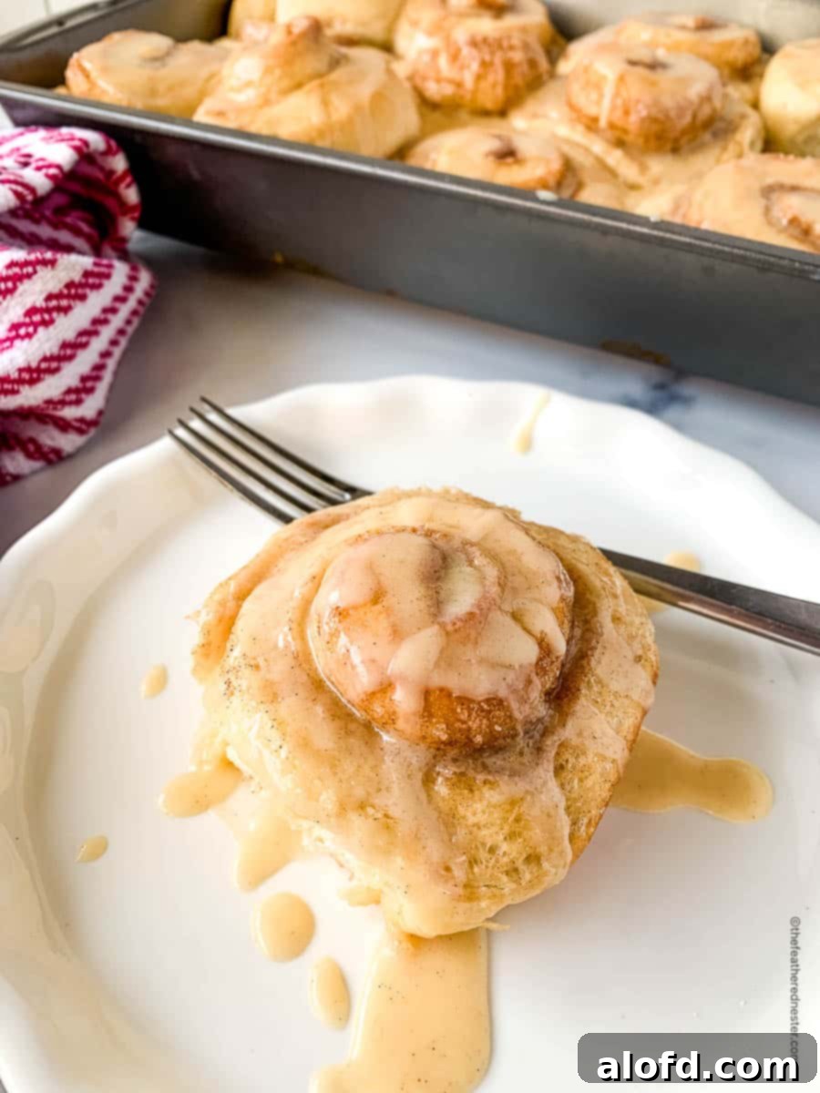Fluffy Sourdough Discard Cinnamon Rolls 14 A pan of sourdough discard cinnamon rolls with a perfectly plated serving in front, showing the soft, sweet interior.