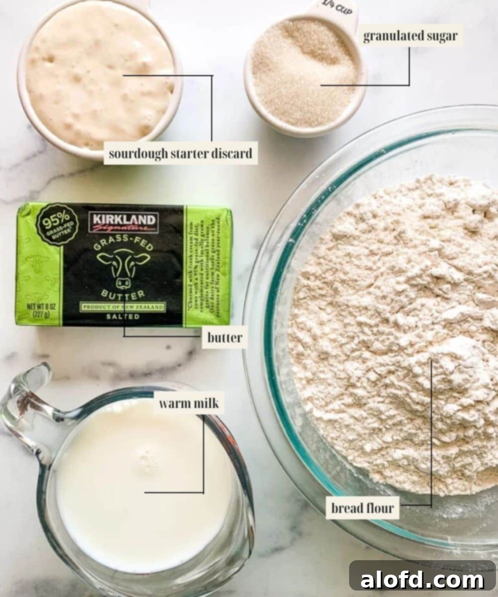 Fluffy Sourdough Discard Cinnamon Rolls 4 Labeled ingredients image for sourdough cinnamon rolls dough, featuring flour, sugar, butter, and milk.