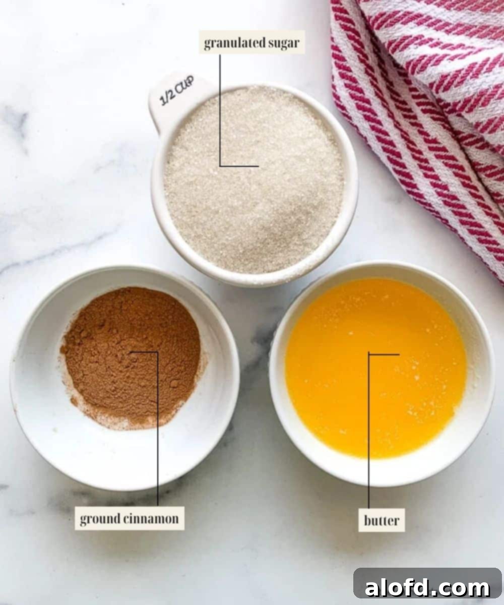 Fluffy Sourdough Discard Cinnamon Rolls 5 Labeled ingredients image for cinnamon roll filling, showing butter, granulated sugar, and ground cinnamon.