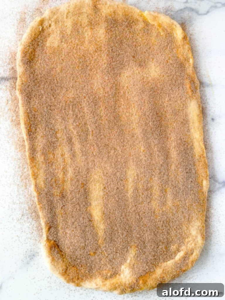 Fluffy Sourdough Discard Cinnamon Rolls 9 Cinnamon roll filling, a mix of butter, sugar, and cinnamon, evenly spread onto a rectangular piece of sourdough dough.