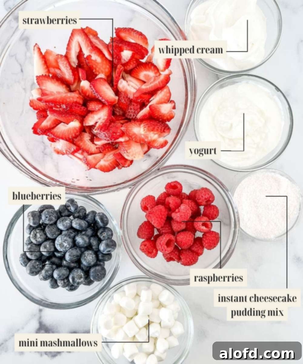 A selection of labeled ingredients for a red white and blue cheesecake salad, including fresh strawberries, blueberries, instant pudding mix, yogurt, and milk, arranged neatly for clarity.
