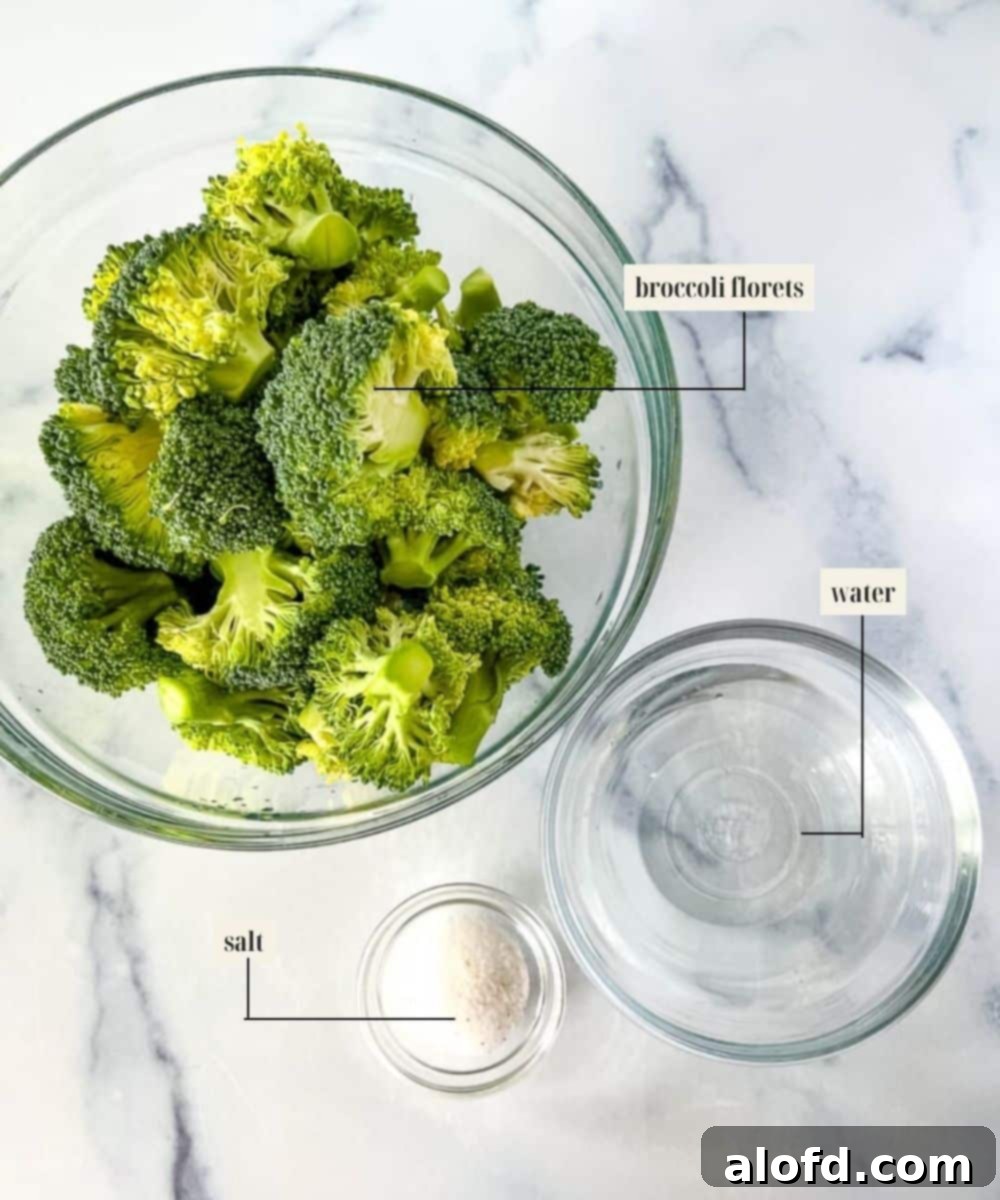 Labeled ingredient image for steamed broccoli recipe.