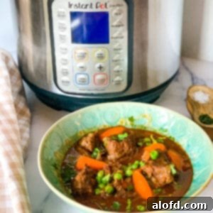 Speedy Savory Beef Stew 6 A green bowl filled with hearty beef stew, with an Instant Pot visible in the background.