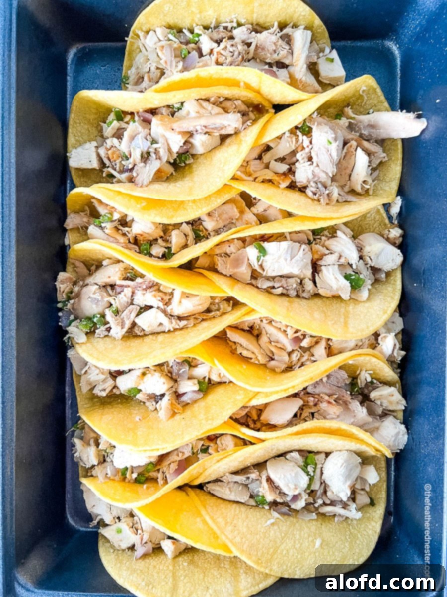 Flavorful Chicken Street Tacos 8 rotisserie chicken tacos on a platter.