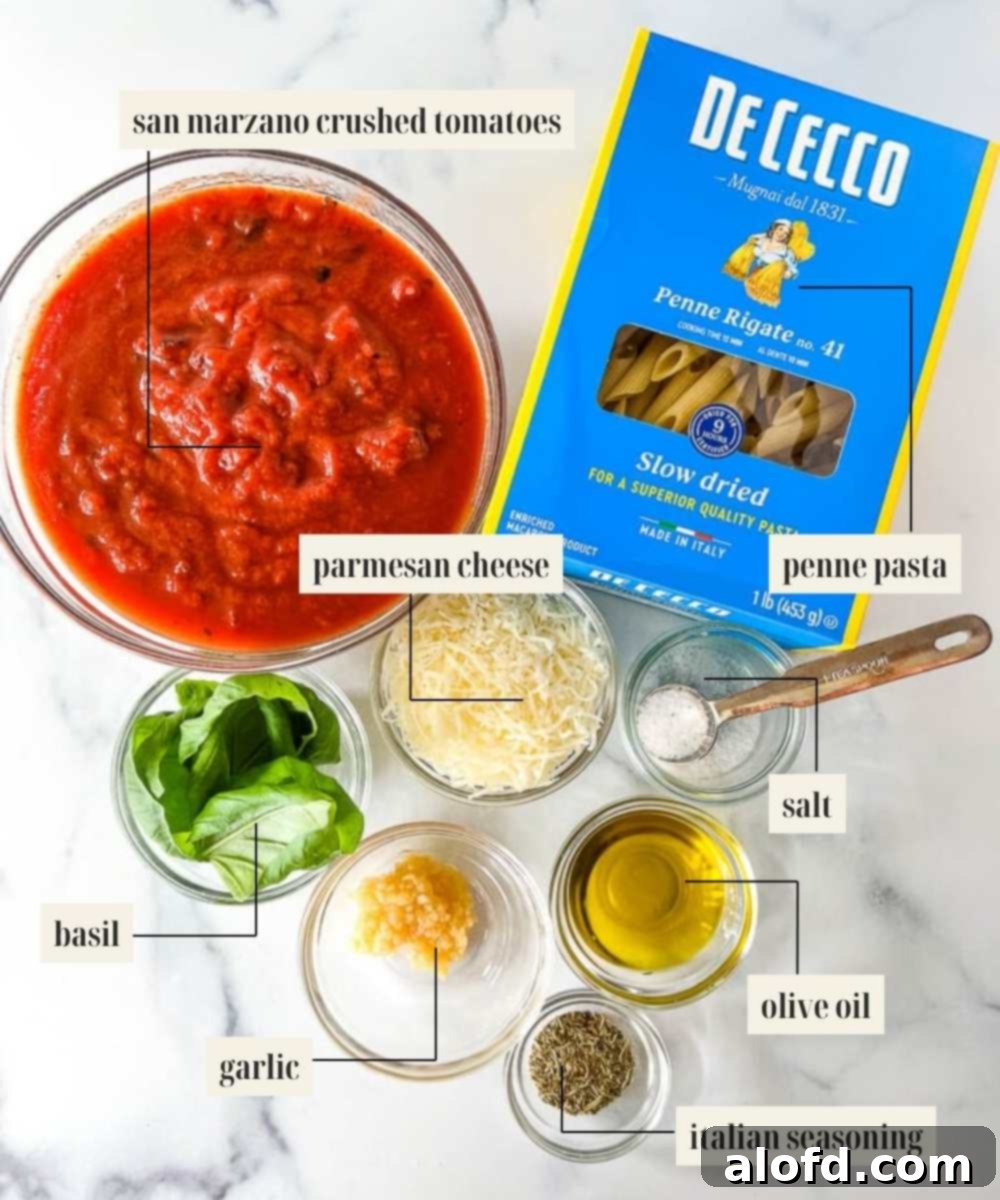 Labeled ingredients image for penne pomodoro, showing tomatoes, basil, garlic, and penne pasta.