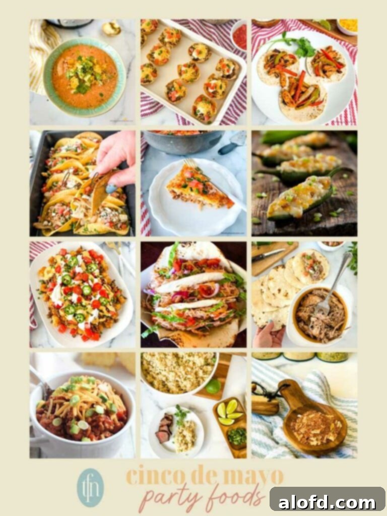 A collage of Cinco de Mayo party food images linked in post, including tacos, enchiladas, and various dips, set against a festive backdrop.