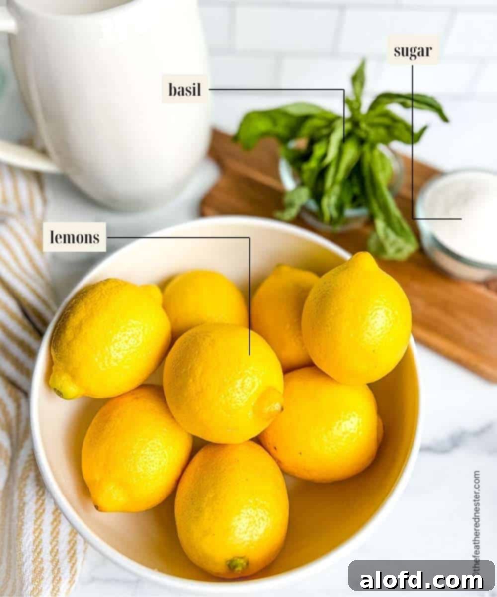 Labeled ingredients image for basil lemonade.