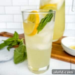 Freshly made basil lemonade served over ice in a tall drinking glass, garnished with basil leaves and a lemon slice.