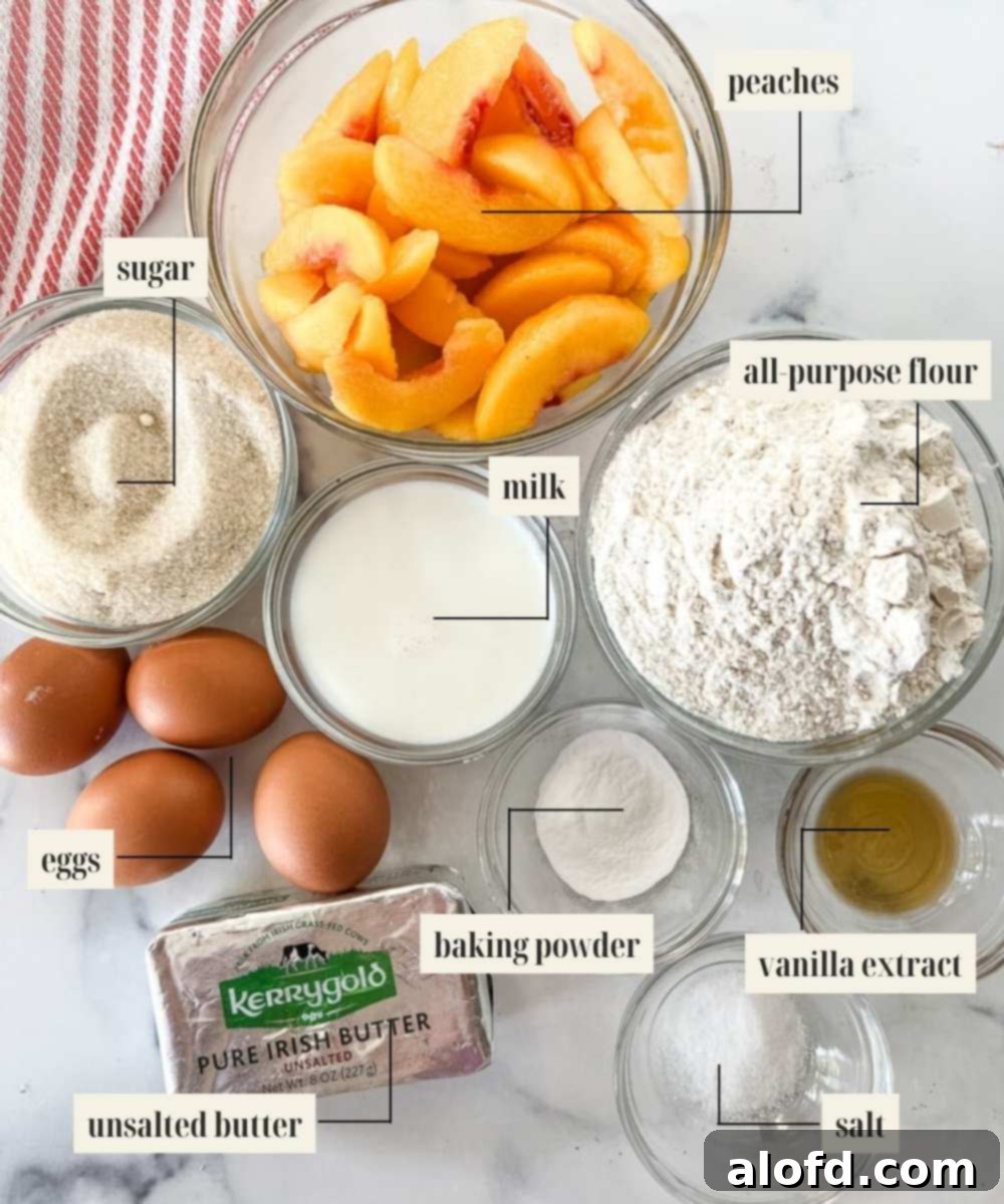 Labeled Ingredients image for peach cobbler pound cake recipe.