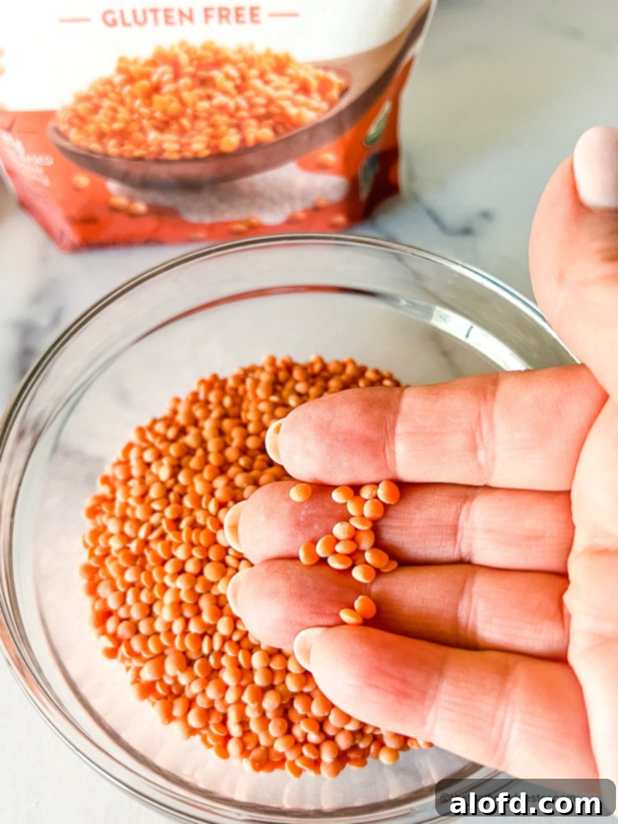 A woman's hand gently holds a small handful of tiny, uncooked orange-red lentils, highlighting their natural size, texture, and vibrant color before cooking.