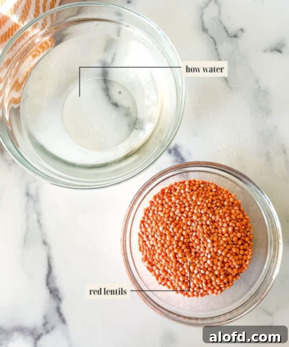 A top-down view of the simple, essential ingredients for cooking red lentils: a ceramic bowl of dry red lentils and a measuring cup of vegetable broth, ready for preparation.