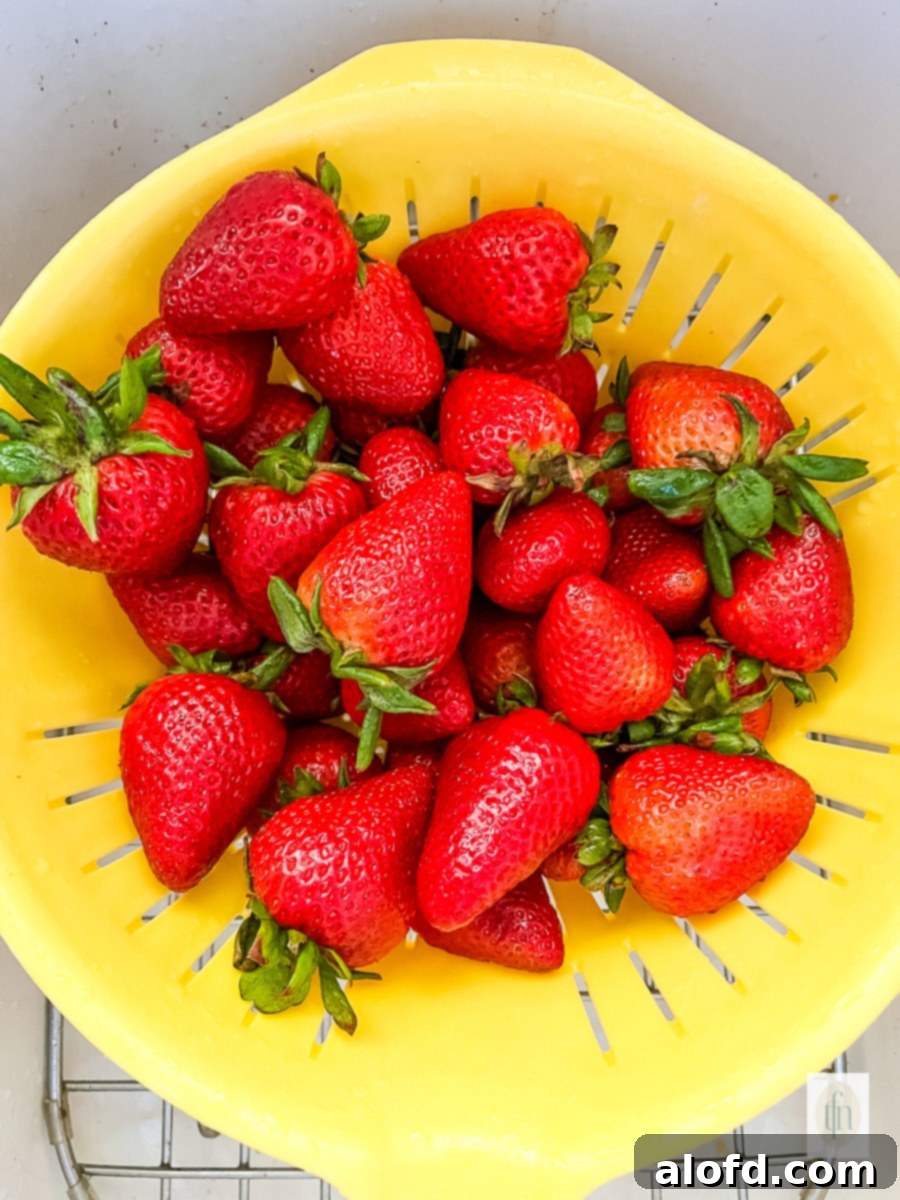Naturally Dried Strawberries 3 Large whole strawberries in a yellow colander.