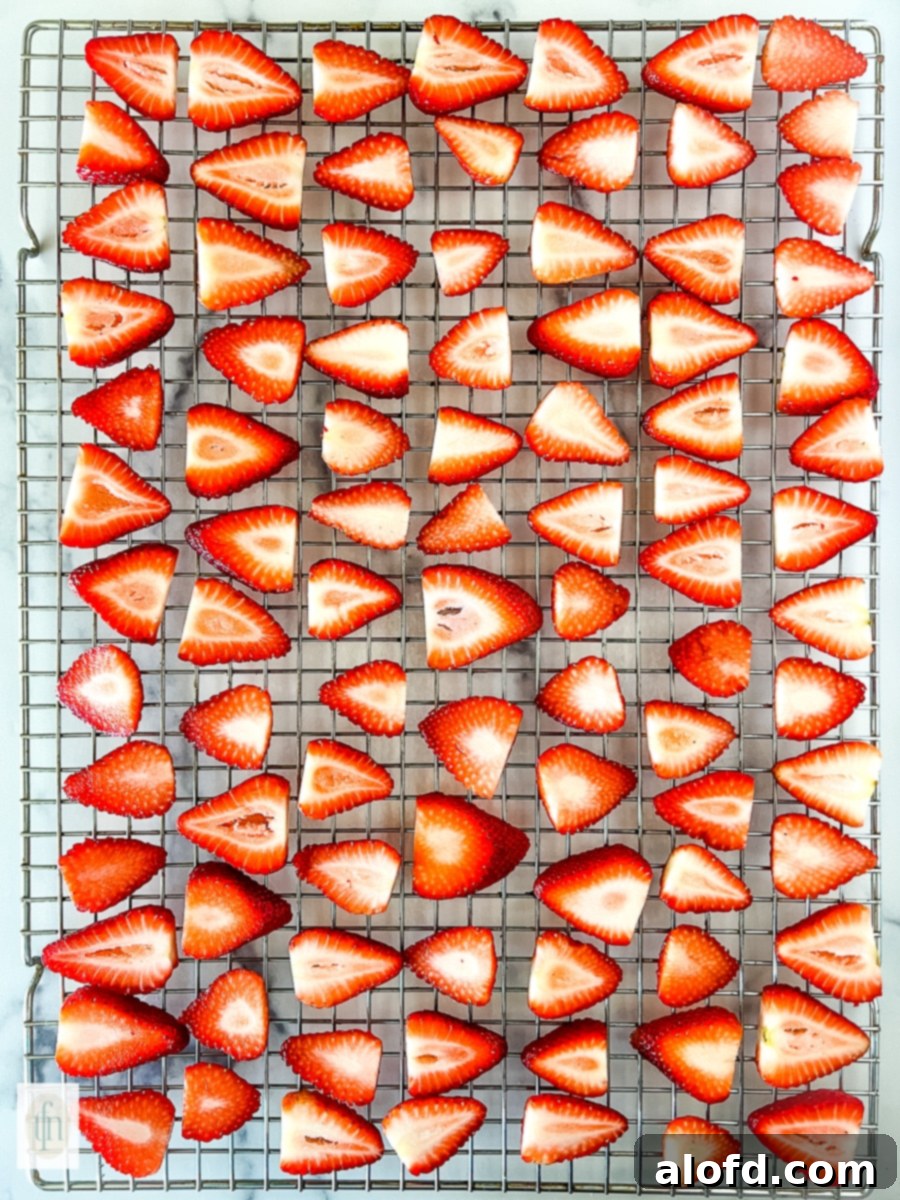 Naturally Dried Strawberries 6 Slices of fresh red berries arranged in rows on a metal baking rack.