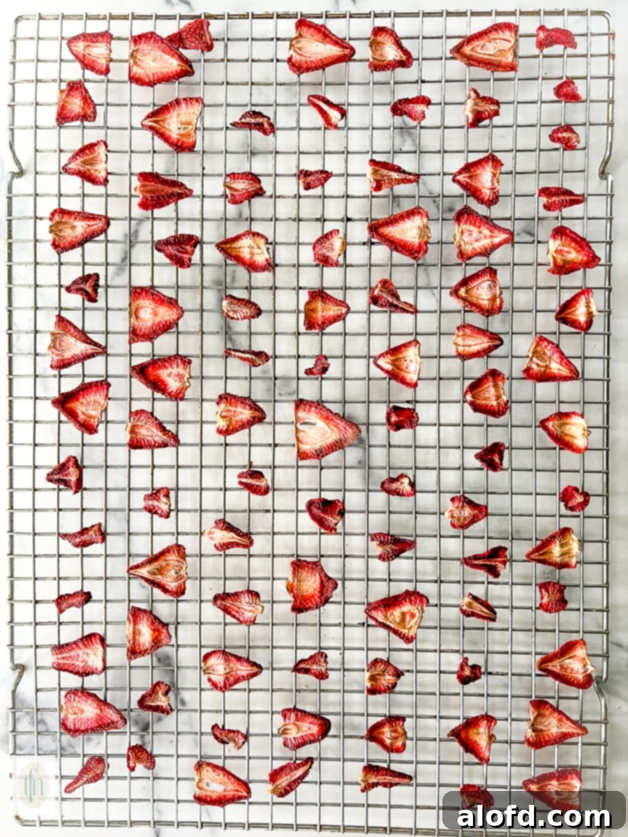 Naturally Dried Strawberries 7 Dehydrated strawberry slices on a metal cooling rack.