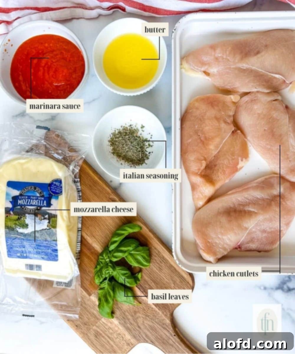 An array of fresh and staple ingredients laid out for preparing Italian baked chicken cutlets, including chicken breasts, cheese, marinara, and herbs.