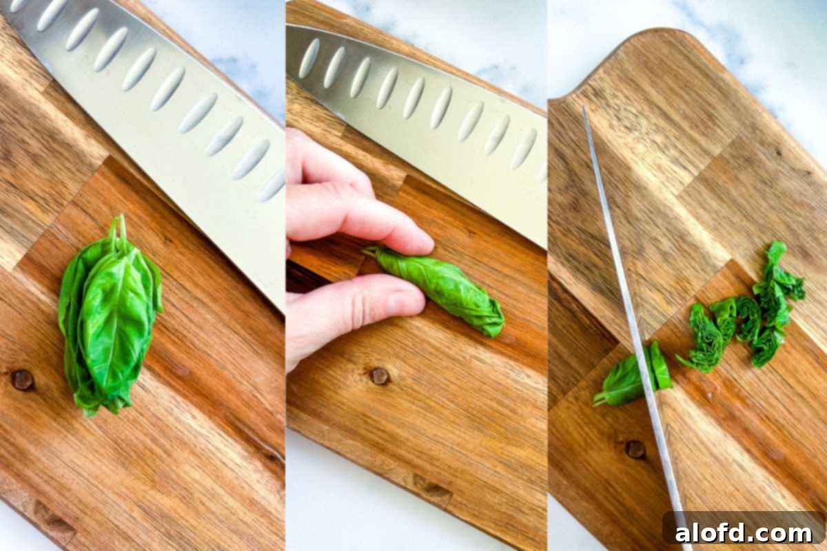 A collage of three images demonstrating the step-by-step process of cutting basil chiffonade style for garnish.