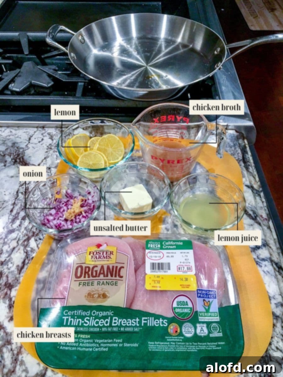 Labeled ingredient image for chicken piccata recipe, showing fresh lemons, capers, chicken breasts, and other components.