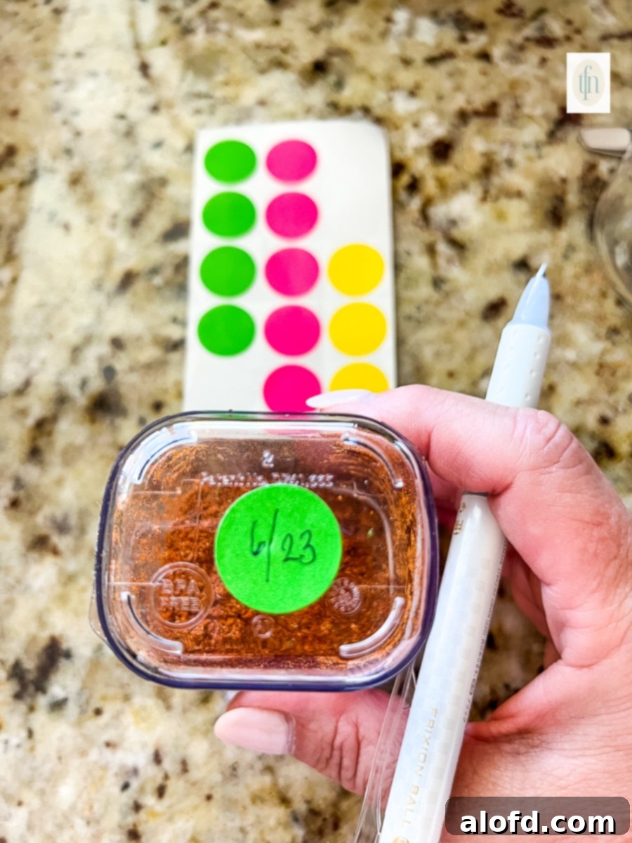 Small green sticker with expiration date for pantry spices written on it.