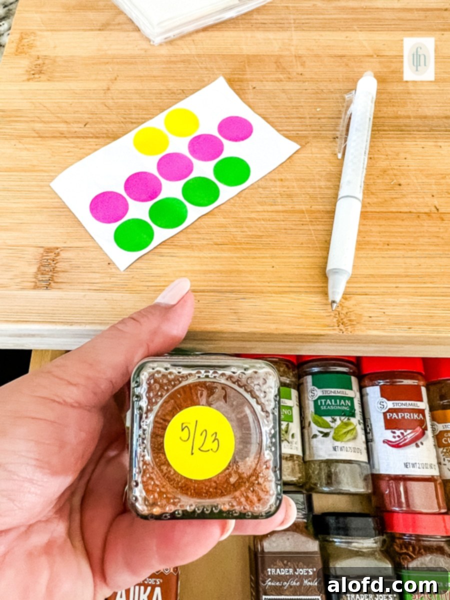 Decluttering and organizing a spice drawer with labeled containers.