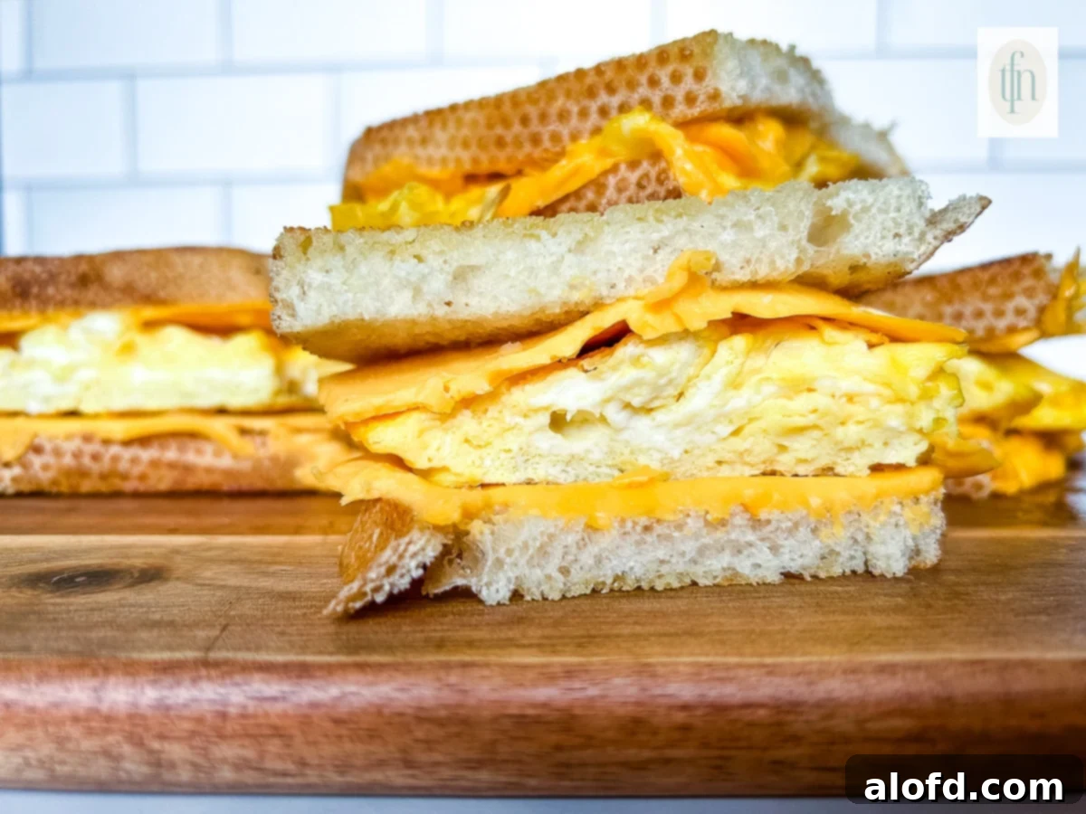 Tangy Sourdough Morning Stack 3 Close up of a sourdough scrambled egg sandwich cut into perfect triangles, showcasing its delicious layers.