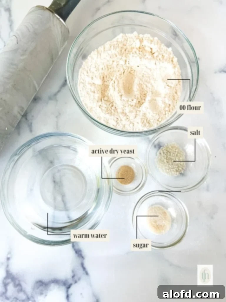 Ultimate Neapolitan Pizza Dough 3 Labeled ingredient image for pizza dough recipe.