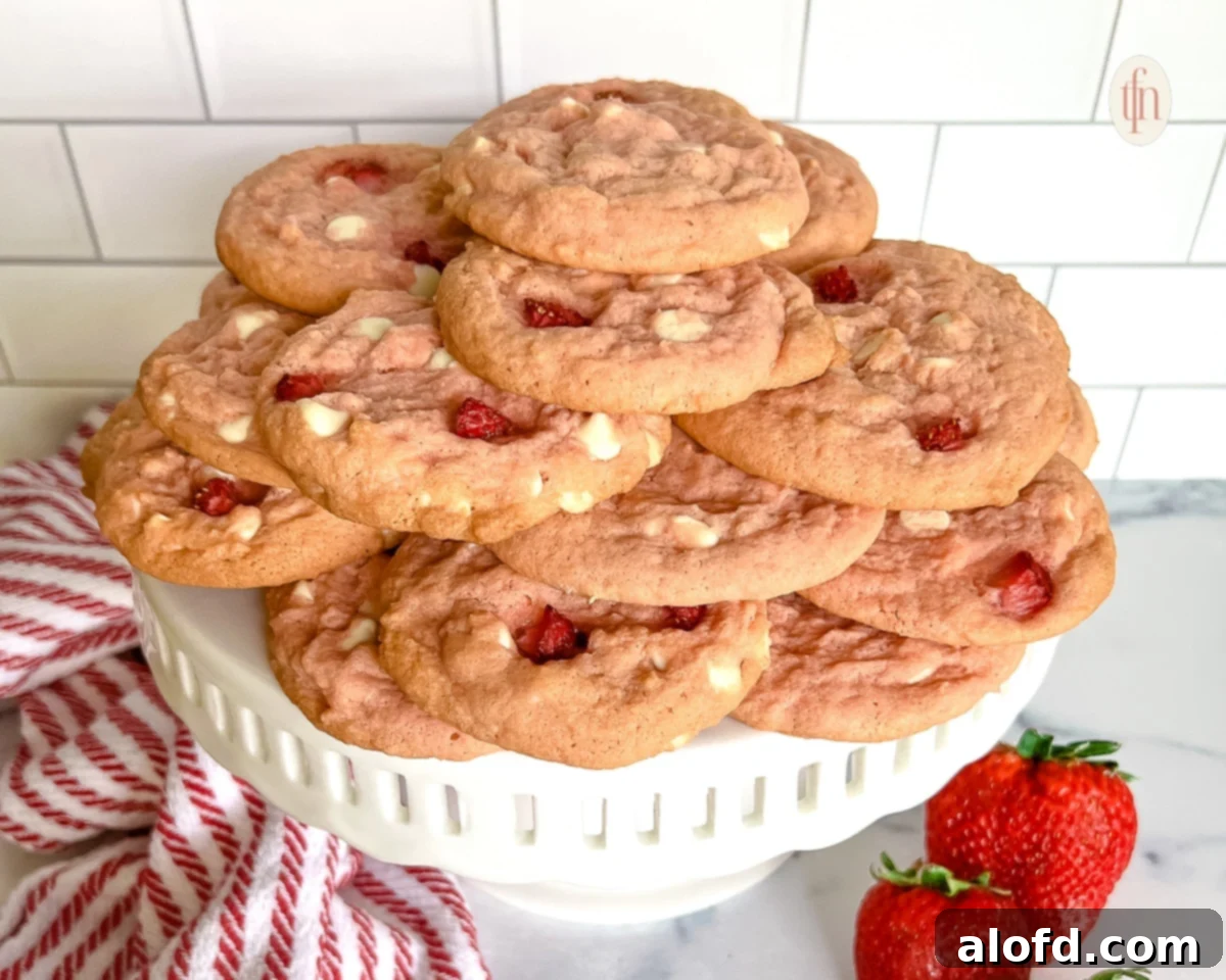 Strawberry Cheesecake Cookie Bliss 11 Platter full of freshly baked strawberry cheesecake cookies, beautifully arranged for serving.