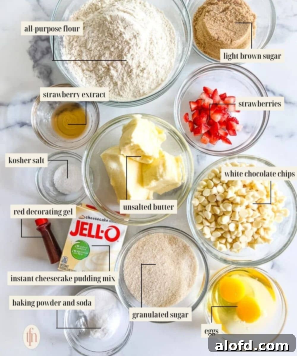 Strawberry Cheesecake Cookie Bliss 3 Labeled ingredients image for strawberry cheesecake cookies, showing fresh berries and baking essentials.