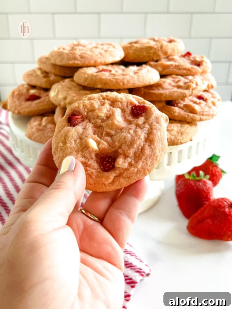 Strawberry Cheesecake Cookie Bliss 5 Cheesecake cookie in a woman's hand. Tray full of cheesecake cookies in the background, showcasing their soft, creamy texture.