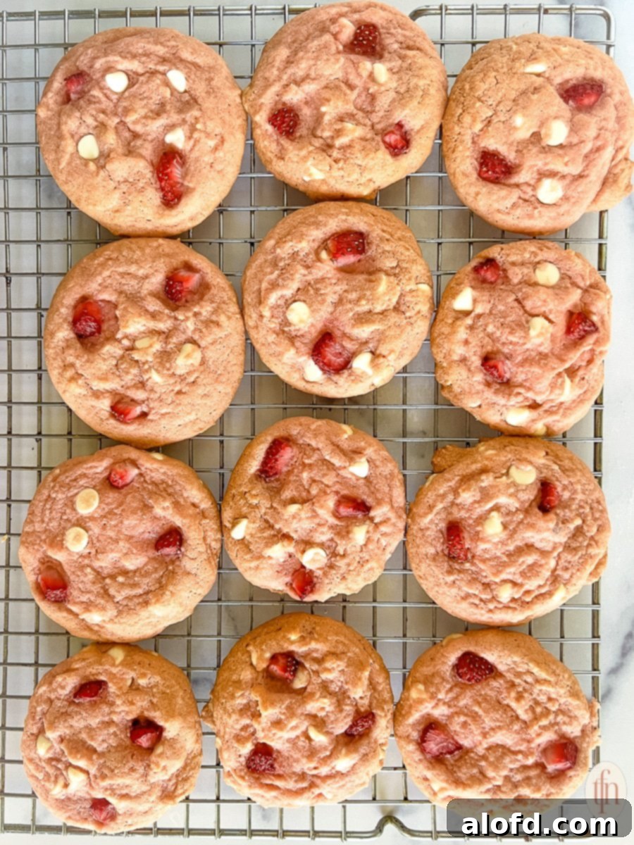 Strawberry Cheesecake Cookie Bliss 10 Strawberry cookies on a metal cooling rack, showing their perfect texture and vibrant color.