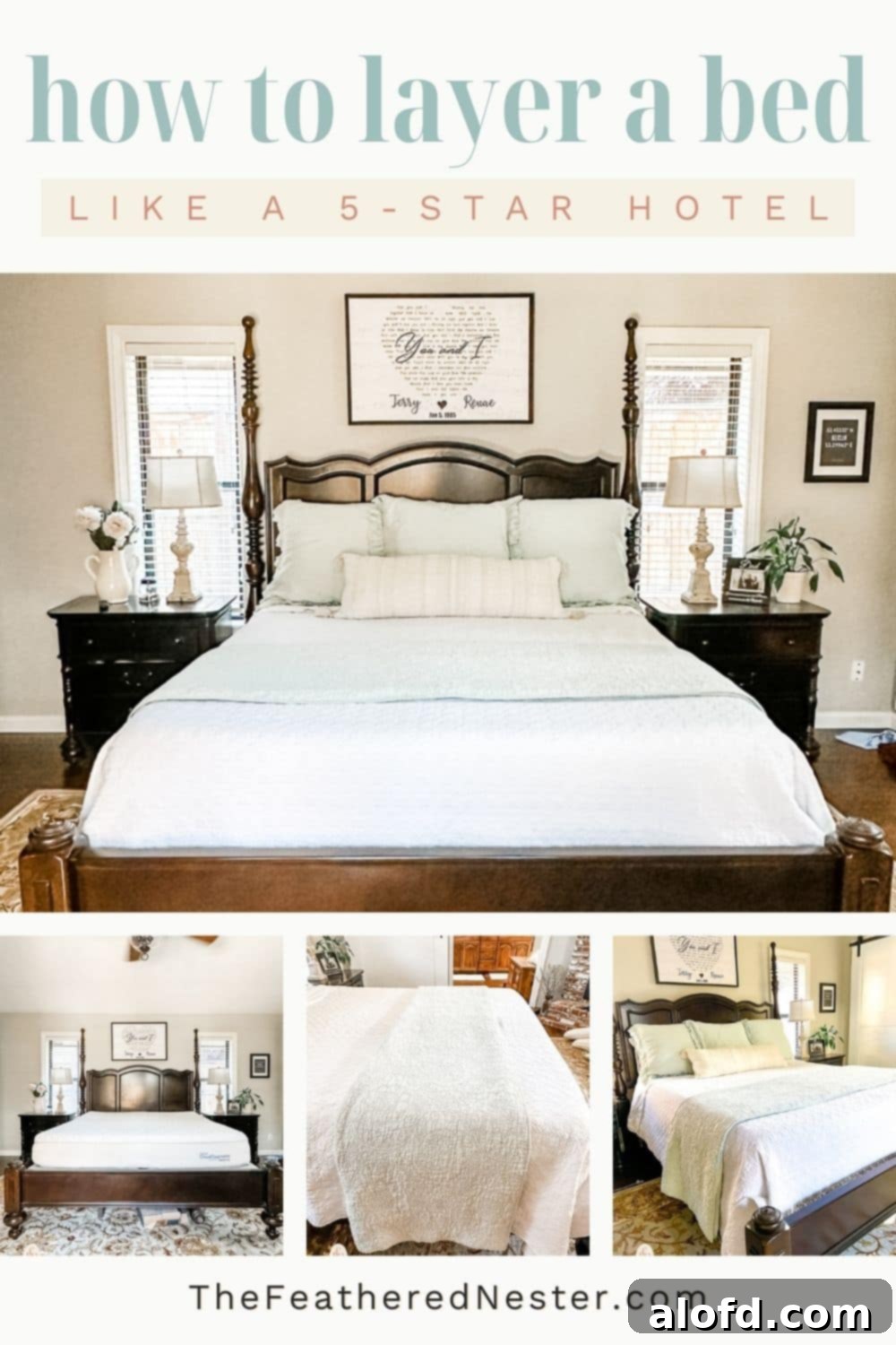 Expertly layered bed in a luxurious bedroom setting, showcasing various bedding elements for a premium feel.