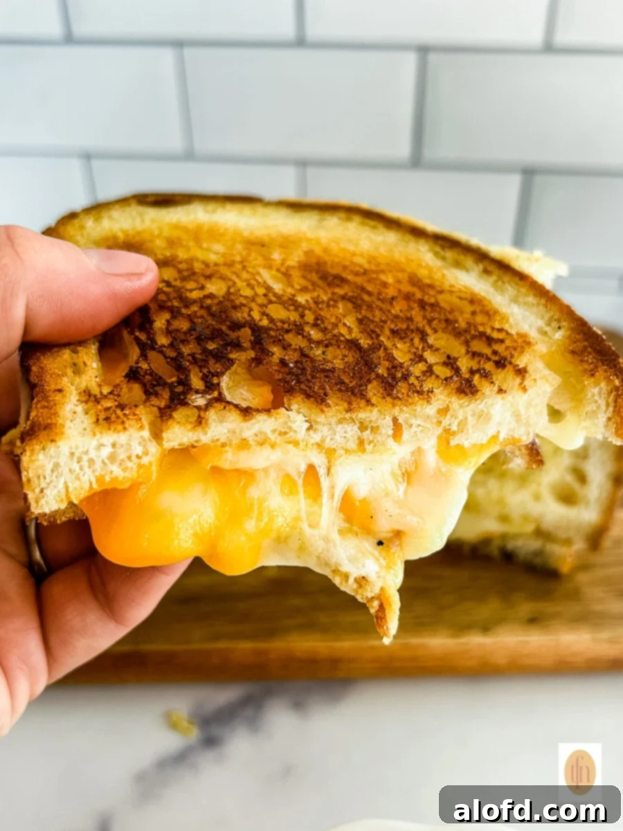 Tangy Sourdough Golden Cheese Melt 2 One half of a perfectly cooked sourdough grilled cheese with three cheeses, showing a beautiful golden crust and stretched melted cheese.