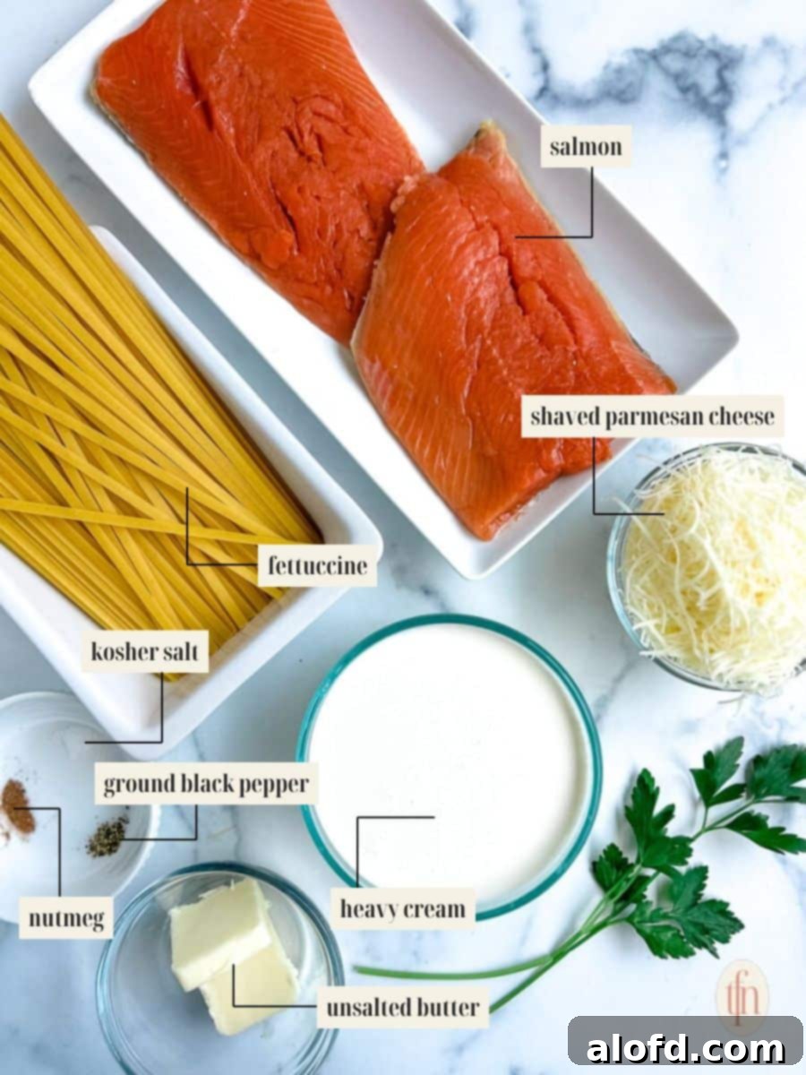 Decadent Salmon Alfredo 4 Labeled ingredient image for alfredo with salmon recipe, showing fresh salmon fillets, fettuccine, heavy cream, parmesan, and nutmeg.