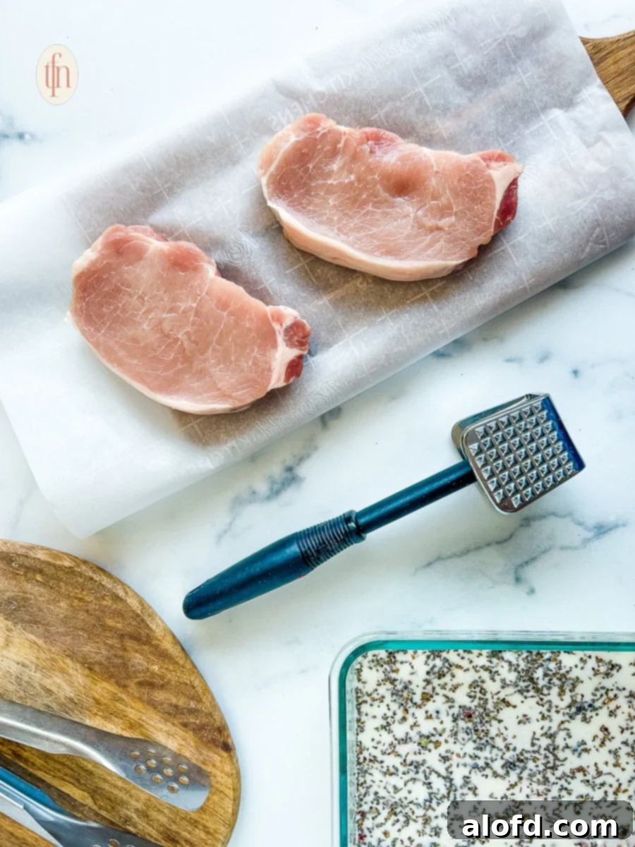 A composite image demonstrating two methods for tenderizing pork chops: one being brined in a bowl, and another being pounded with a meat tenderizing mallet.