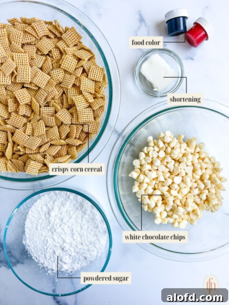 Festive Muddy Buddies 5 Four glass bowls and two jars of food coloring on a white background containing the ingredients to make muddy buddy recipe.