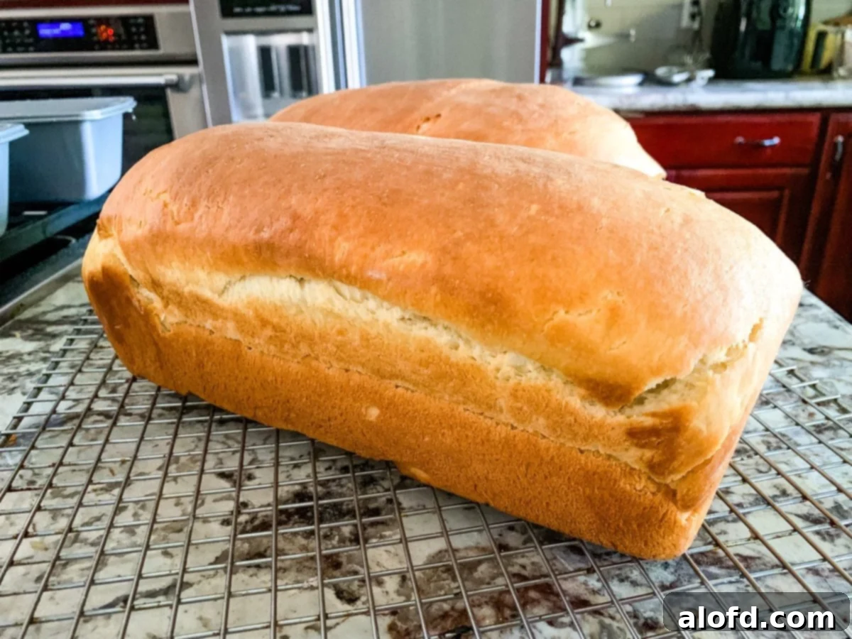 Homemade Fluffy Sandwich Bread 2 Soft, delicious homemade classic sandwich bread sliced on a cutting board, ready to be enjoyed.