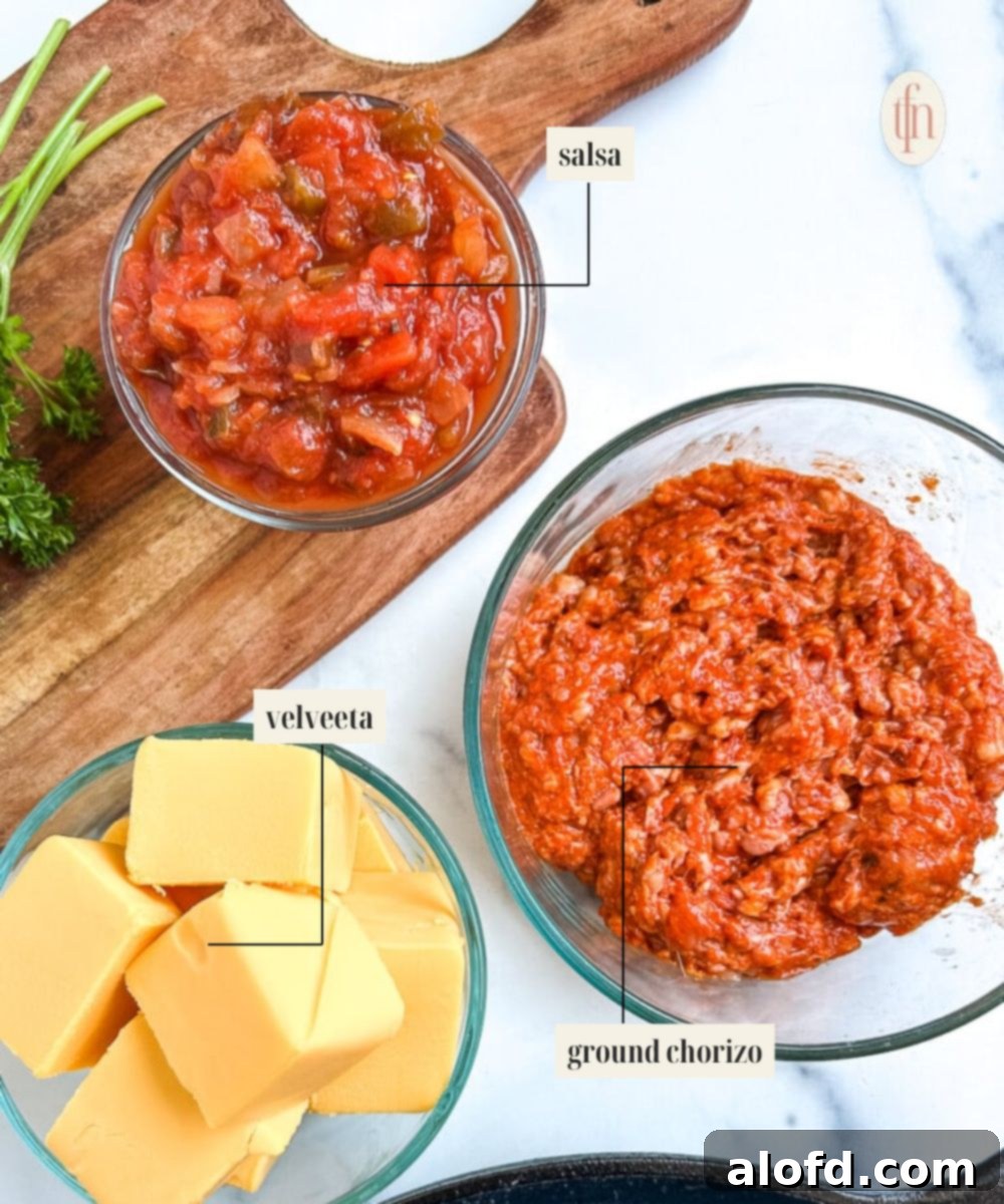 Labeled ingredient image for smoked queso dip recipe, showing Velveeta, chorizo, and salsa.