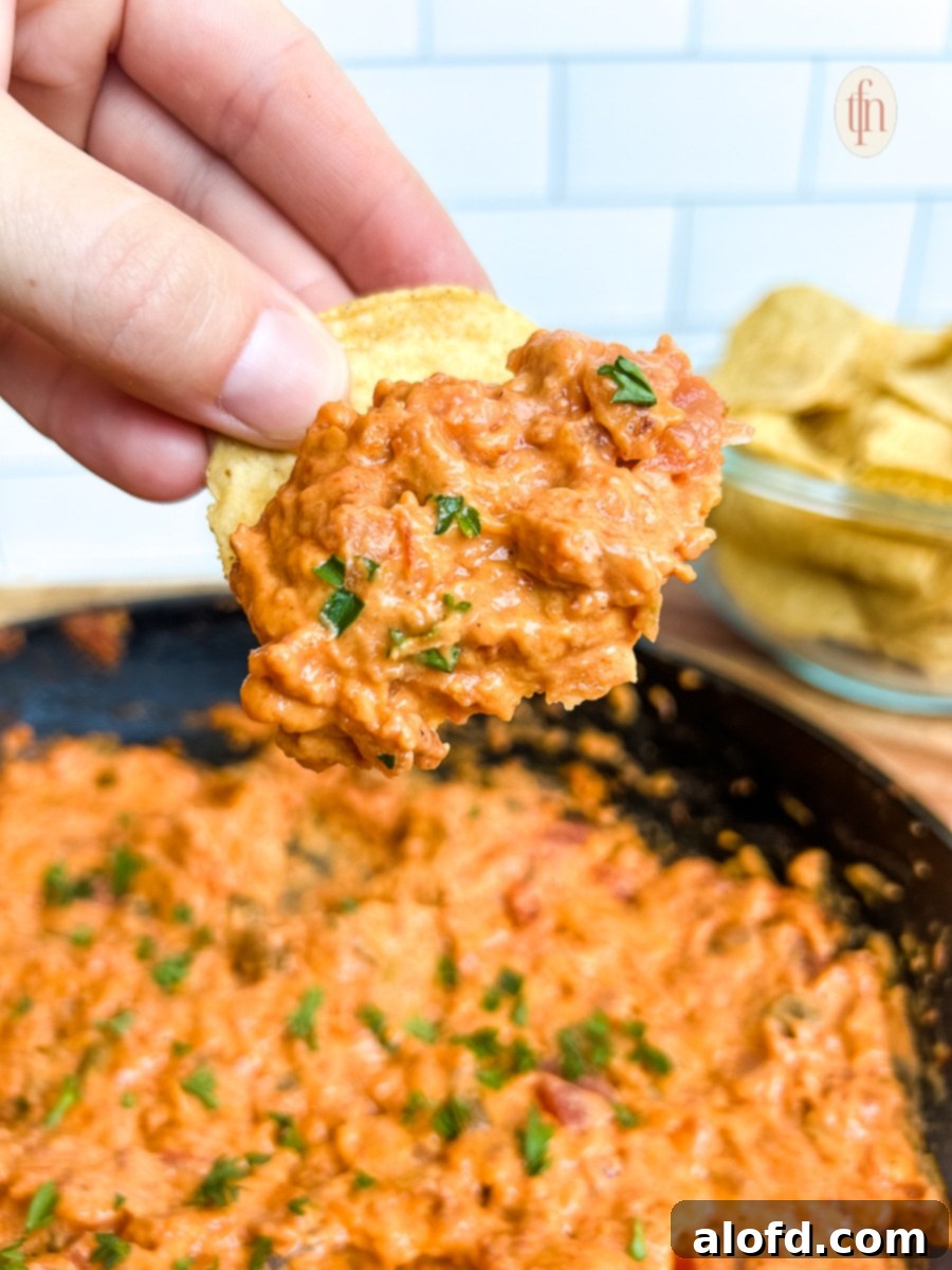 A tortilla chip covered in smoked queso dip, shown close up, highlighting the creamy texture and chorizo bits.