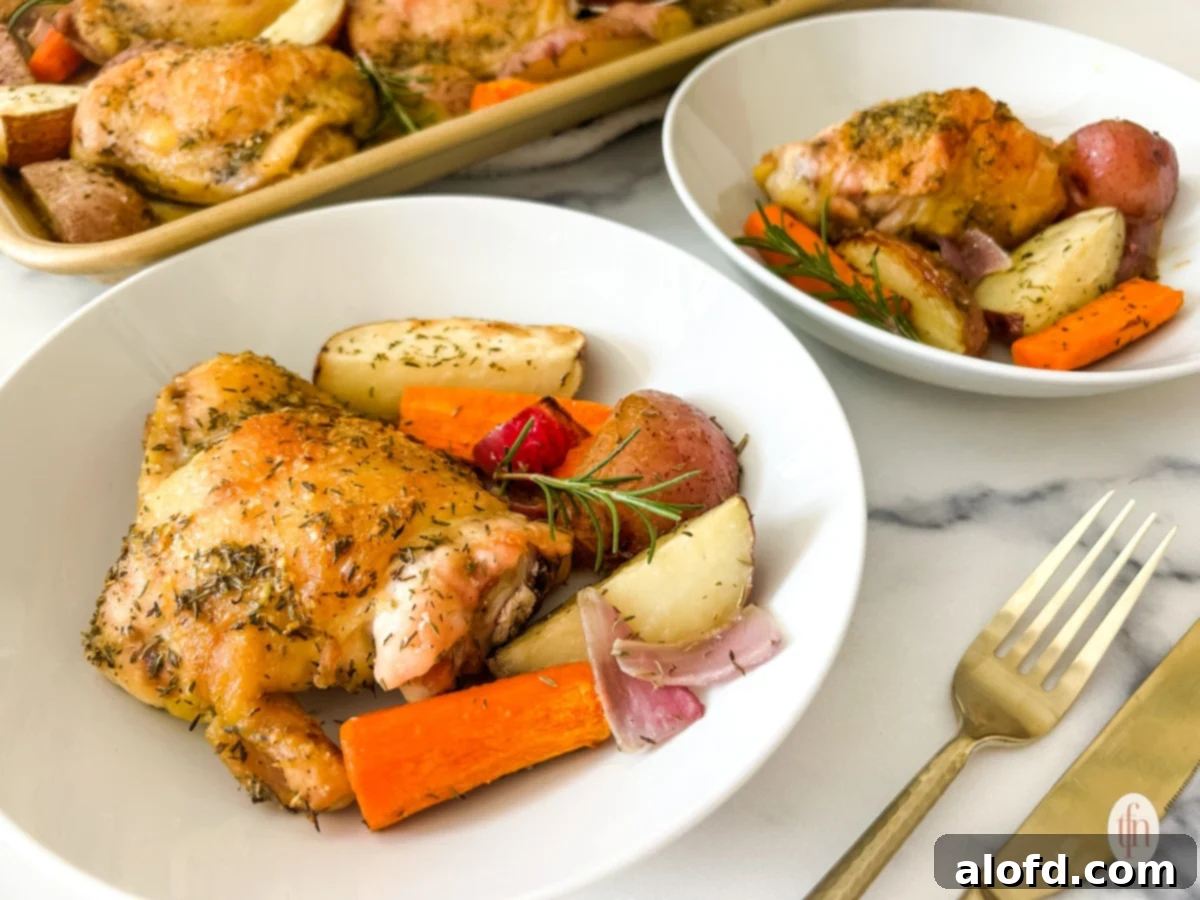 Two serving bowls filled with perfectly roasted golden-brown chicken thighs and an assortment of vibrant vegetables, ready for a comforting meal.