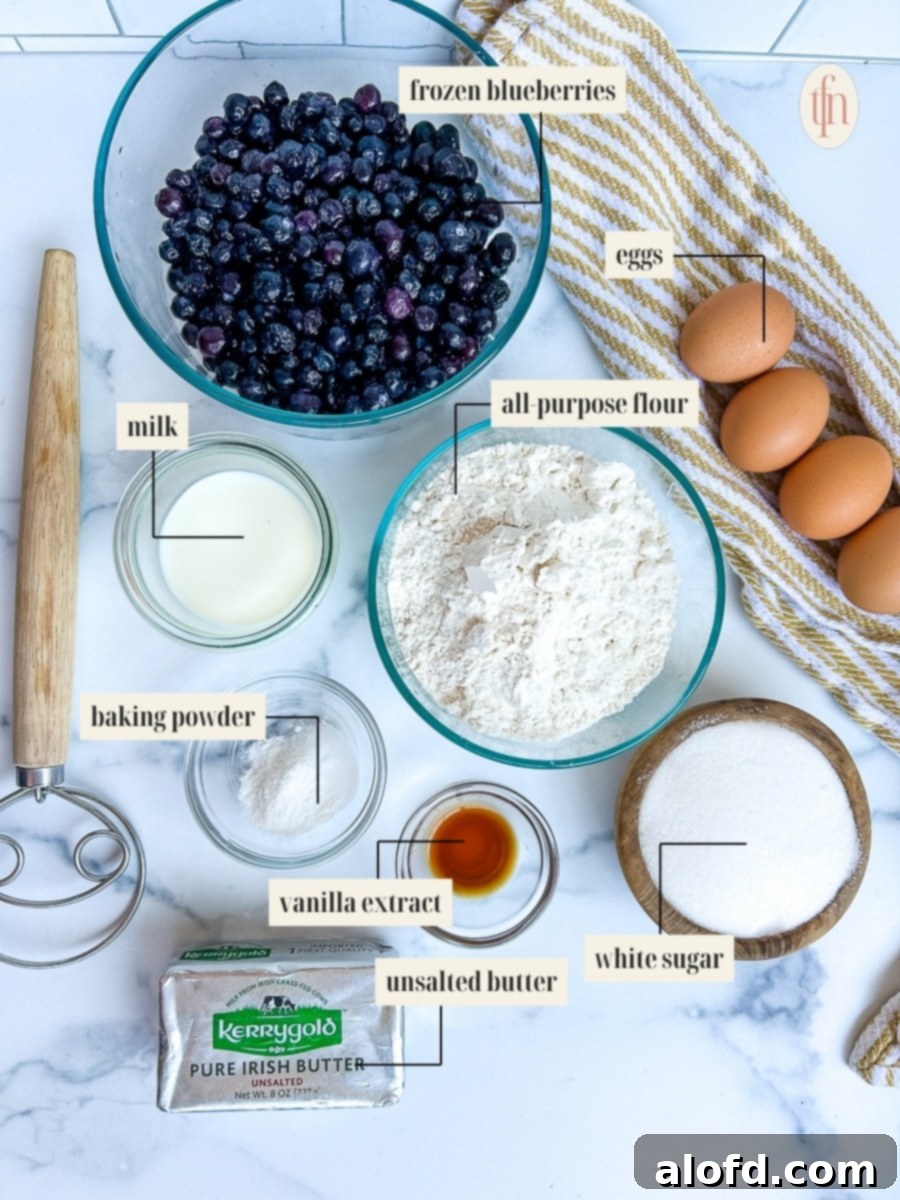 Luscious Blueberry Pound Cake 4 Labeled ingredients for pound cake recipe.