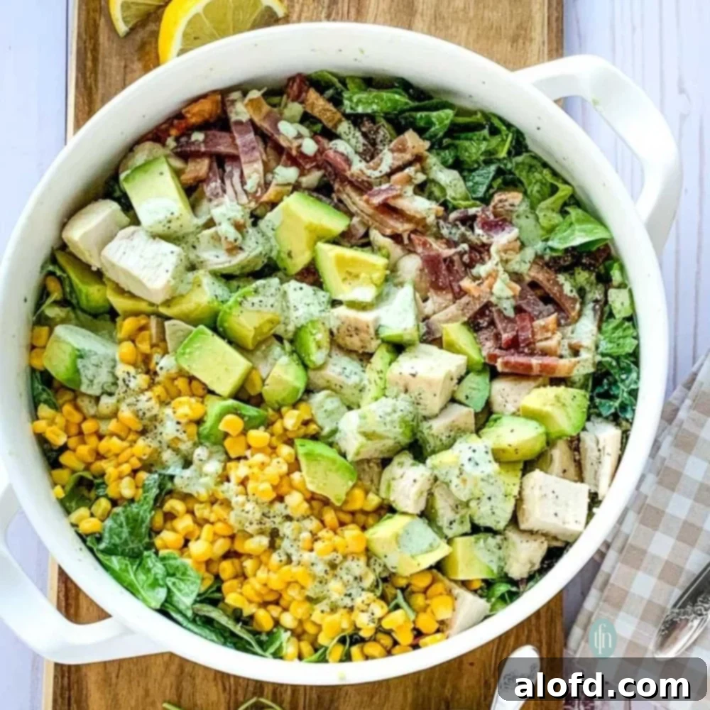 The Ultimate Green Goddess Salad 13 Panera chicken bacon cobb salad in a white bowl.
