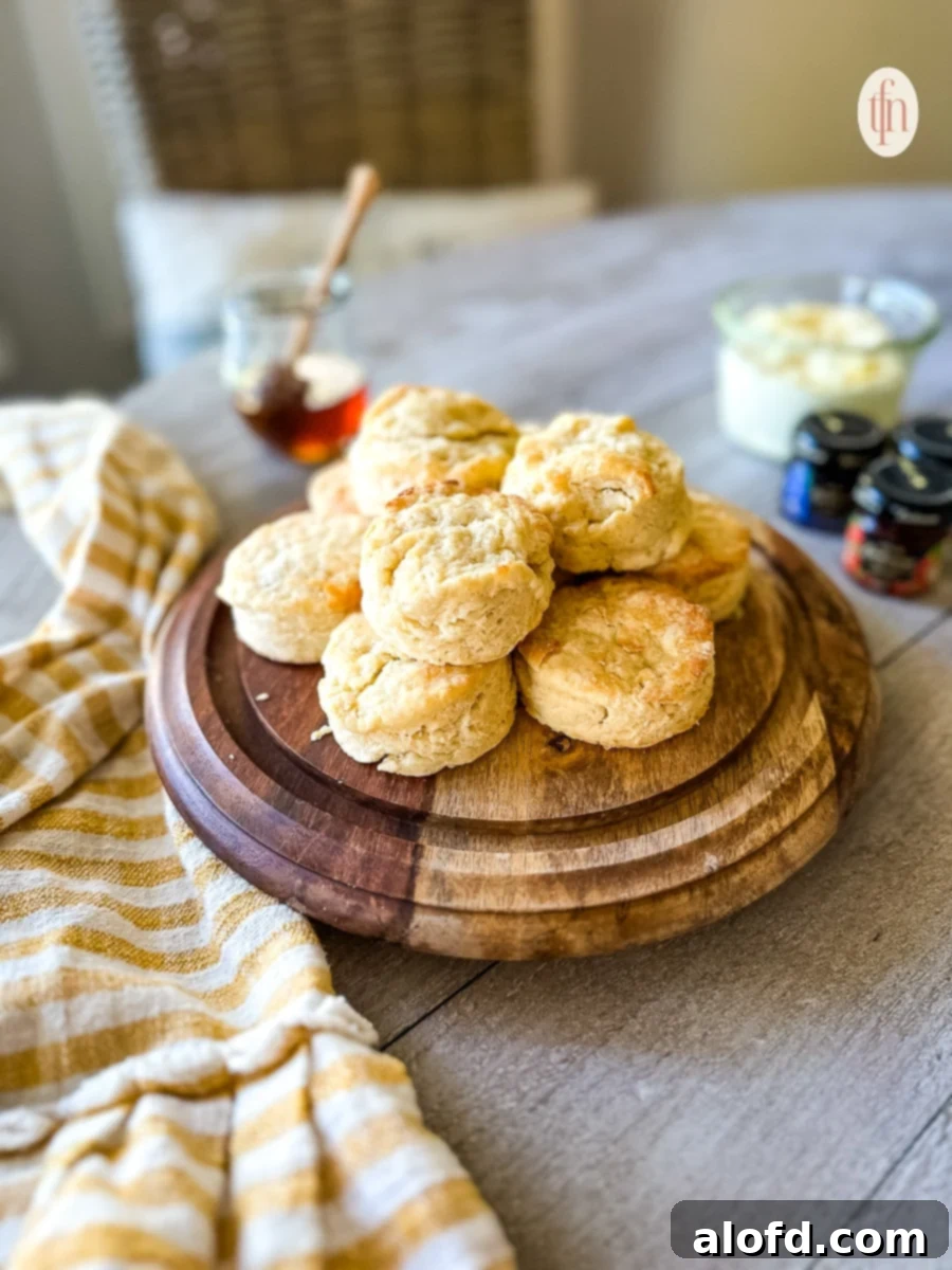 Buttermilk Biscuits with a Tangy Twist 2 Rolled biscuit recipe piled on a wooden serving platter on a table.