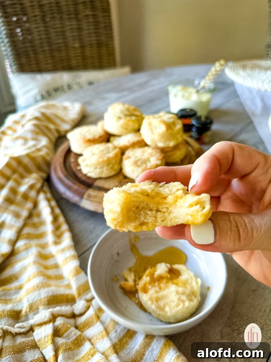 Buttermilk Biscuits with a Tangy Twist 12 Hand holding piece of rolled biscuit recipe over bowl.