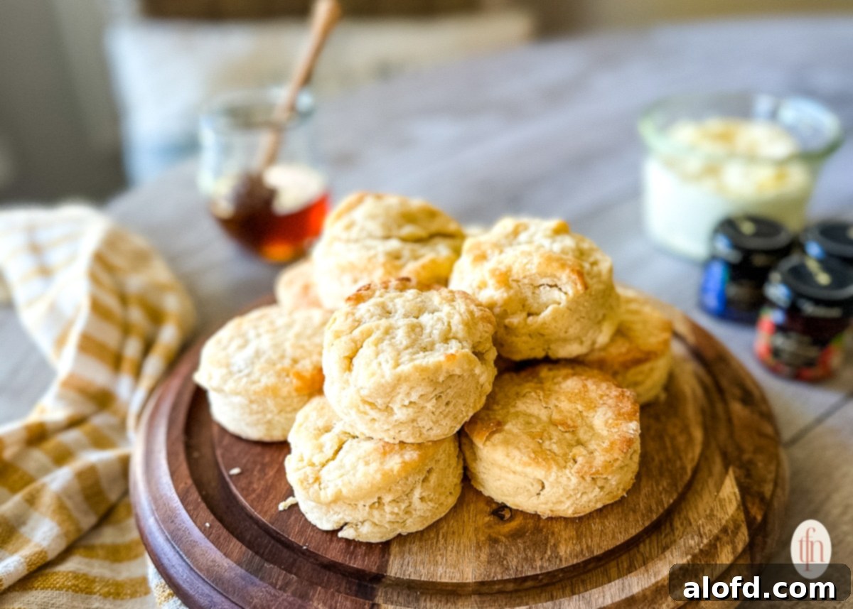 Buttermilk Biscuits with a Tangy Twist 13 Biscuits piled on a wooden serving platter on a table.