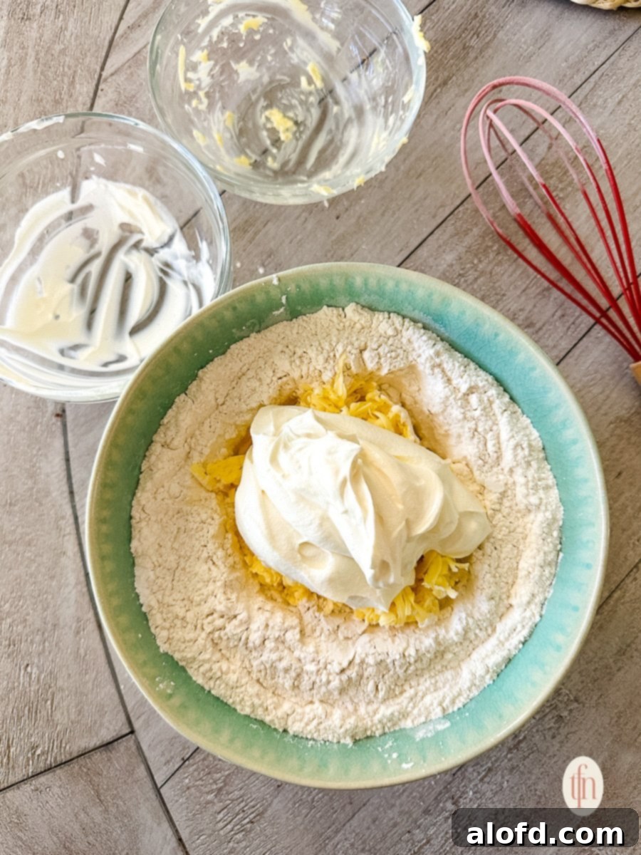 Buttermilk Biscuits with a Tangy Twist 8 Sour cream added to dry ingredient in bowl.