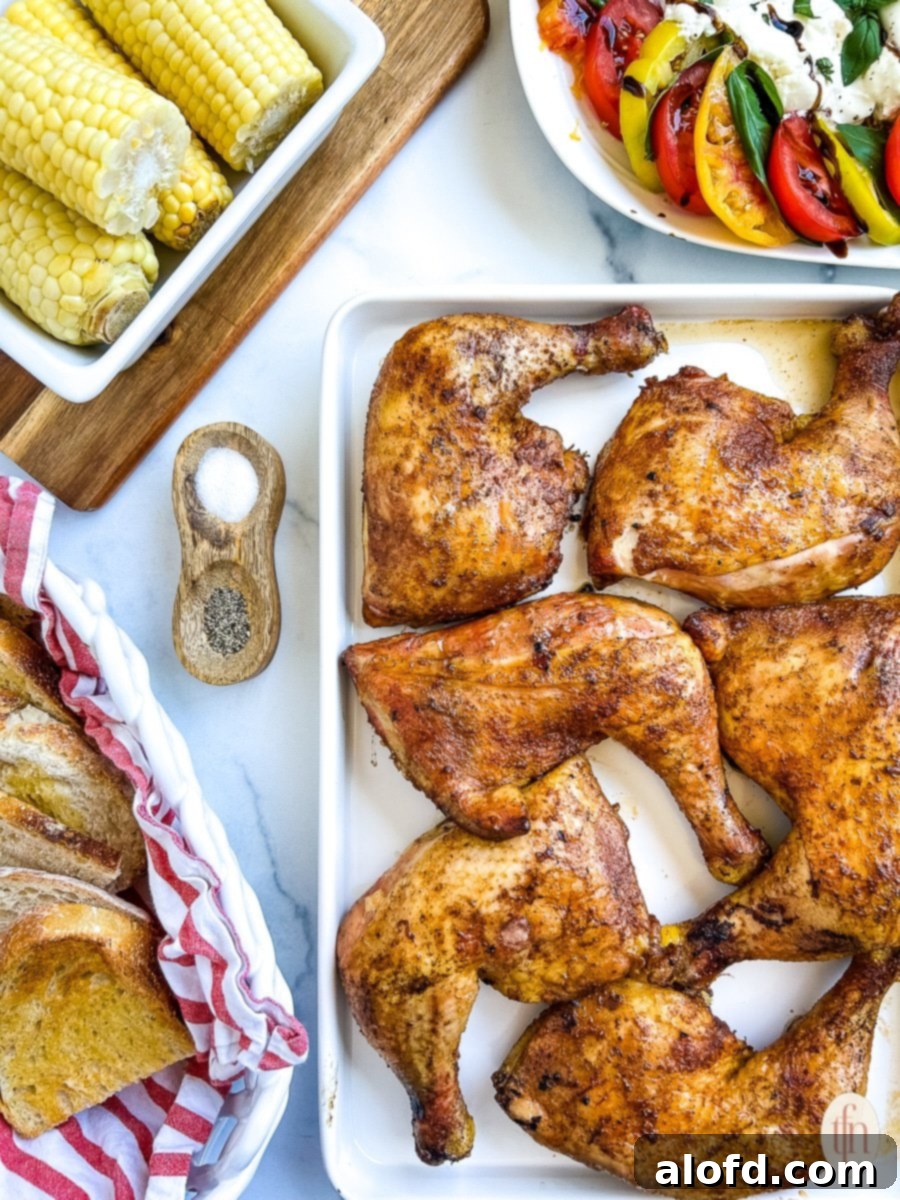 Juicy Smoked Chicken Drumsticks 2 Beautifully arranged smoked chicken quarters on a white platter, accompanied by corn on the cob, bread slices, and fresh tomatoes.